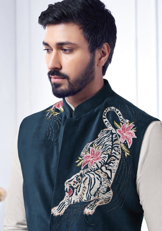 Regal Tiger Embroidered Nehru Jacket