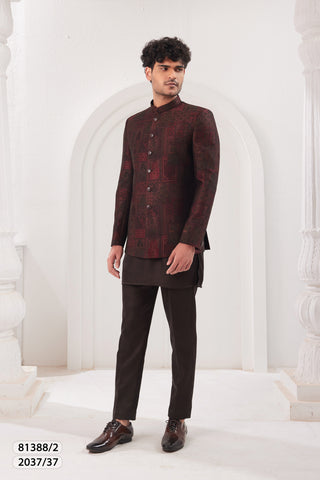 Contemporary Maroon Printed Bandhgala Suit