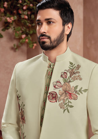 Pastel Green Floral Embroidered Jodhpuri Kurta Set