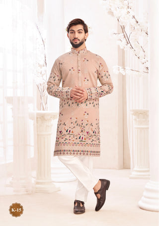 Beige Embroidered Kurta Pajama Set with Artistic Motifs