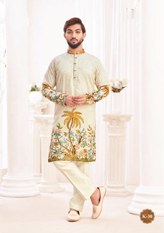 Beige Peacock Embroidered Designer Kurta