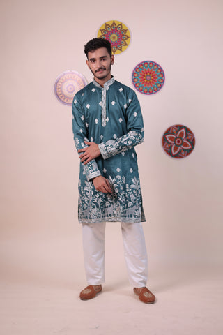 Emerald Green Embroidered Kurta Pajama Set with Nature Motifs
