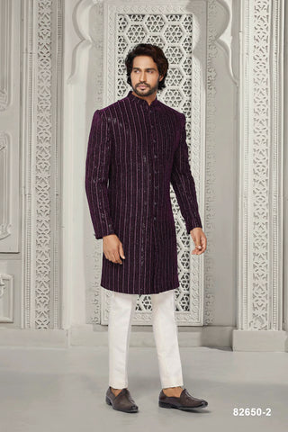 Regal Amethyst: Purple Mirror Work Indo-Western with White Pants