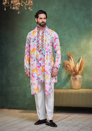 Vibrant Floral Printed Kurta Set with Embroidered Neckline