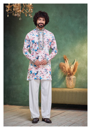 Pastel Elegance Printed Kurta Set with Intricate Embroidery