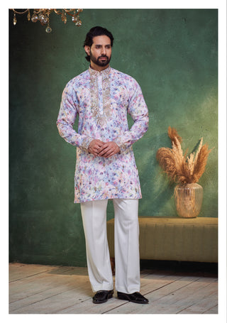 Lavender Bloom Floral Kurta Set with Embroidered Detailing