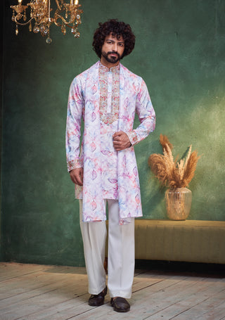 Pastel Printed Kurta Pajama Set with Embroidered Detailing