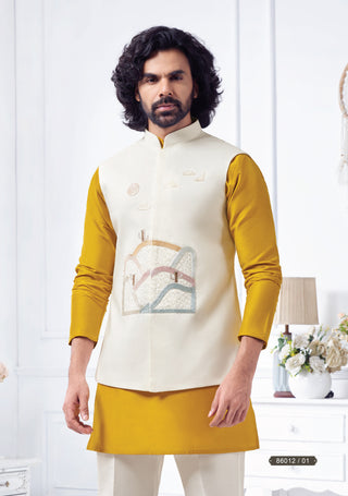 Mustard Kurta with Ivory Embroidered Koti Set