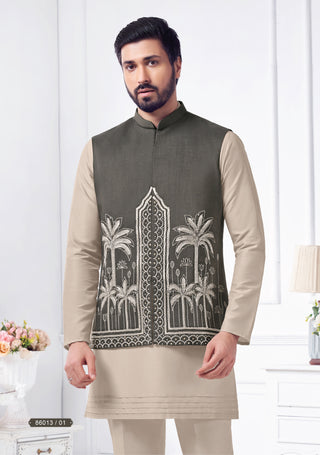 Taupe Kurta with Charcoal Embroidered Koti Set