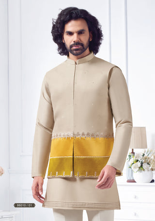 Beige Indo-Western with Mustard Velvet Detailing