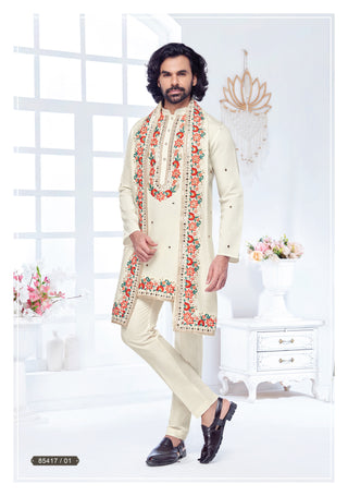 Ivory Cream Embroidered Men's Kurta Set with Stole