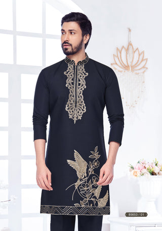 Black Designer Embroidered Men's Kurta Set