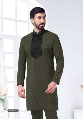 Olive Green Textured Kurta Set with Black Embroidery