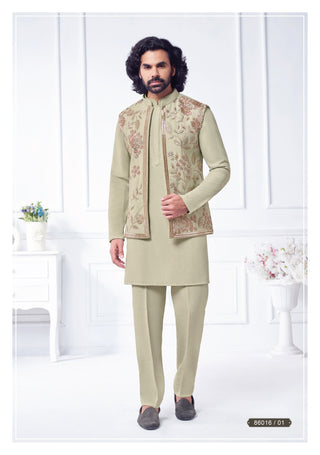 Beige Kurta Set with Embroidered Nehru Jacket