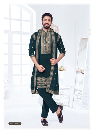 Dark Green Embroidered Men’s Kurta Set with Dupatta