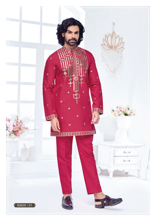 Crimson Red Embroidered Kurta Set for Men