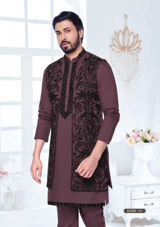 Deep Maroon Embroidered Kurta Set with Jacket
