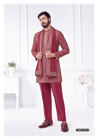 Maroon Textured Embroidered Kurta Set with Dupatta