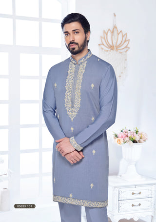 Elegant Slate Blue Embroidered Kurta Set