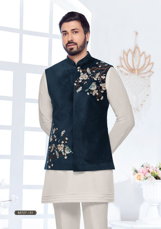 Navy Blue Embroidered Nehru Jacket Set