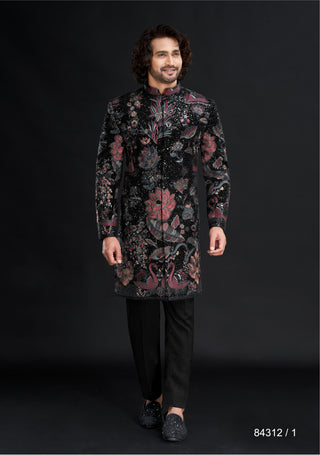 Raah: Enigmatic Fusion - Black Indo-Western with Vibrant Floral Embellishments and Peacock Motif