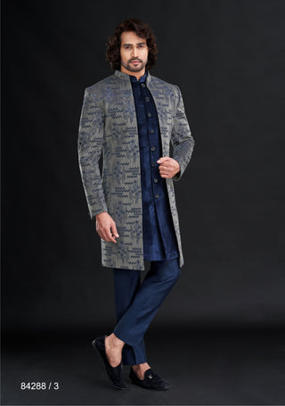 Raah: Grey Open Indo with Blue Kurta and Pants Collection