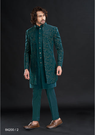 Oceanic Elegance: Raah's Sea Blue Open Indowestern Ensemble with Golden Flower Embellishments