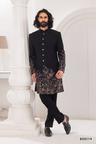 Black Floral Embroidered Bandhgala Sherwani