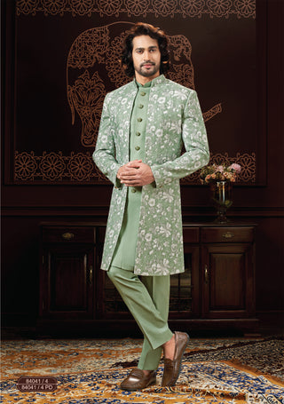 Blooming Breeze: Kunwar's Ethereal Light Green Indo-Western Ensemble