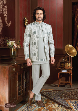 Regal Reverie: Kunwar Collection - Grey Carnival Open Jodhpuri Ensemble