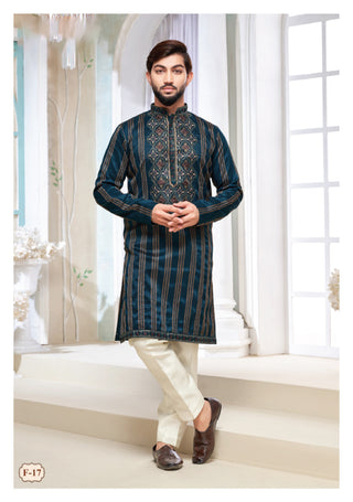 Regal Teal Striped Embroidered Kurta Set