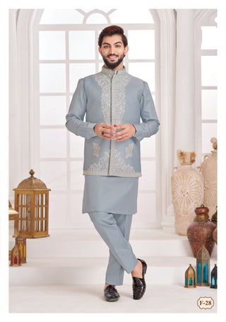 Roohani Rang Embroidered Nehru Jacket Set – Steel Blue Elegance