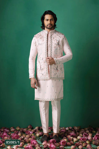 Pastel Pink Embroidered Nehru Jacket Set