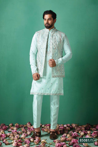 Aqua Blue Embroidered Nehru Jacket Set