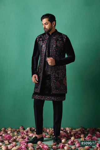 Midnight Black Embroidered Velvet Jacket Set