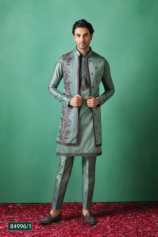 Regal Sage Green Embroidered Sherwani Set