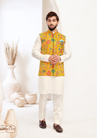 Floral Mustard Nehru Jacket with Cream Kurta Set
