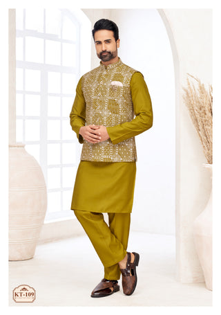 Olive Green Kurta with Printed Nehru Jacket