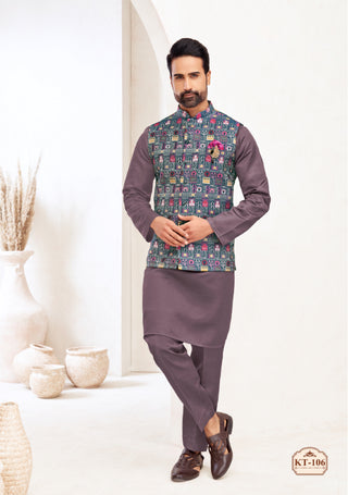 Mauve Kurta-Pajama with Multicolor Printed Nehru Jacket