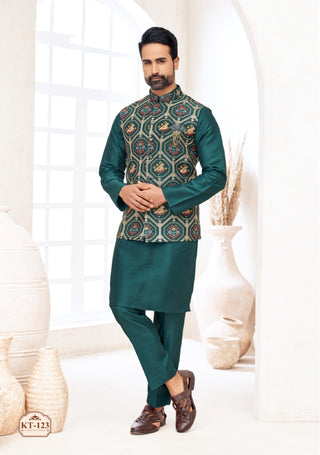 Emerald Green Kurta-Pajama with Geometric Printed Nehru Jacket