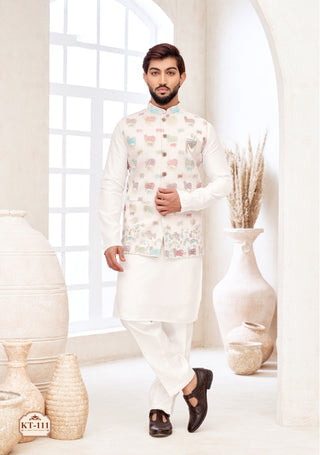 Ivory Kurta-Pajama with Pastel Elephant Print Nehru Jacket