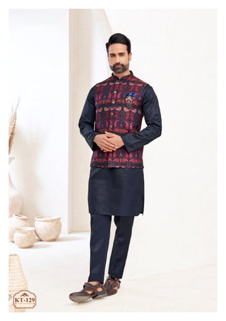 Navy Blue Kurta-Pajama with Maroon Paisley Printed Nehru Jacket