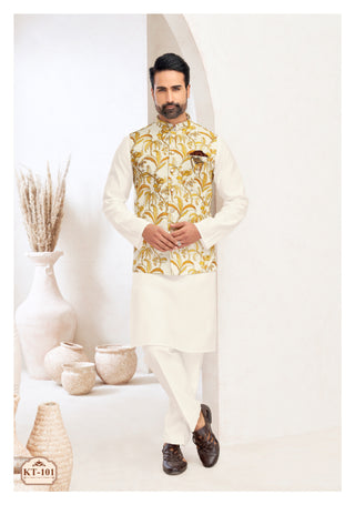 Ivory Kurta-Pajama with Golden Floral Printed Nehru Jacket