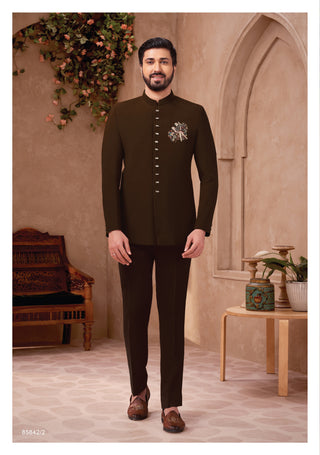 Regal Brown Jodhpuri Suit with Embroidered Crest