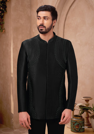 Midnight Black Jodhpuri with Intricate Detailing