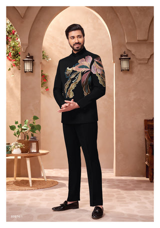 Black Jodhpuri Suit with Artistic Floral Embroidery