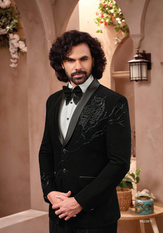 Black Tuxedo Suit with Owl Embroidery Detailing