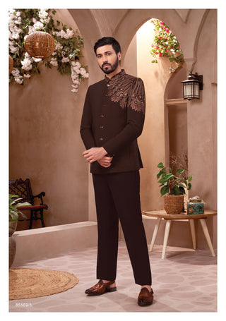 Chocolate Brown Jodhpuri with Peacock Feather Embroidery