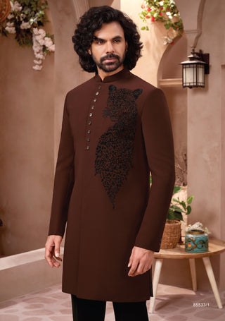 Chocolate Brown Jodhpuri with Black Panther Embroidery