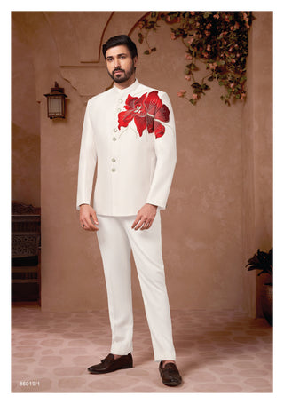 White Jodhpuri Suit with Red Floral Embroidery
